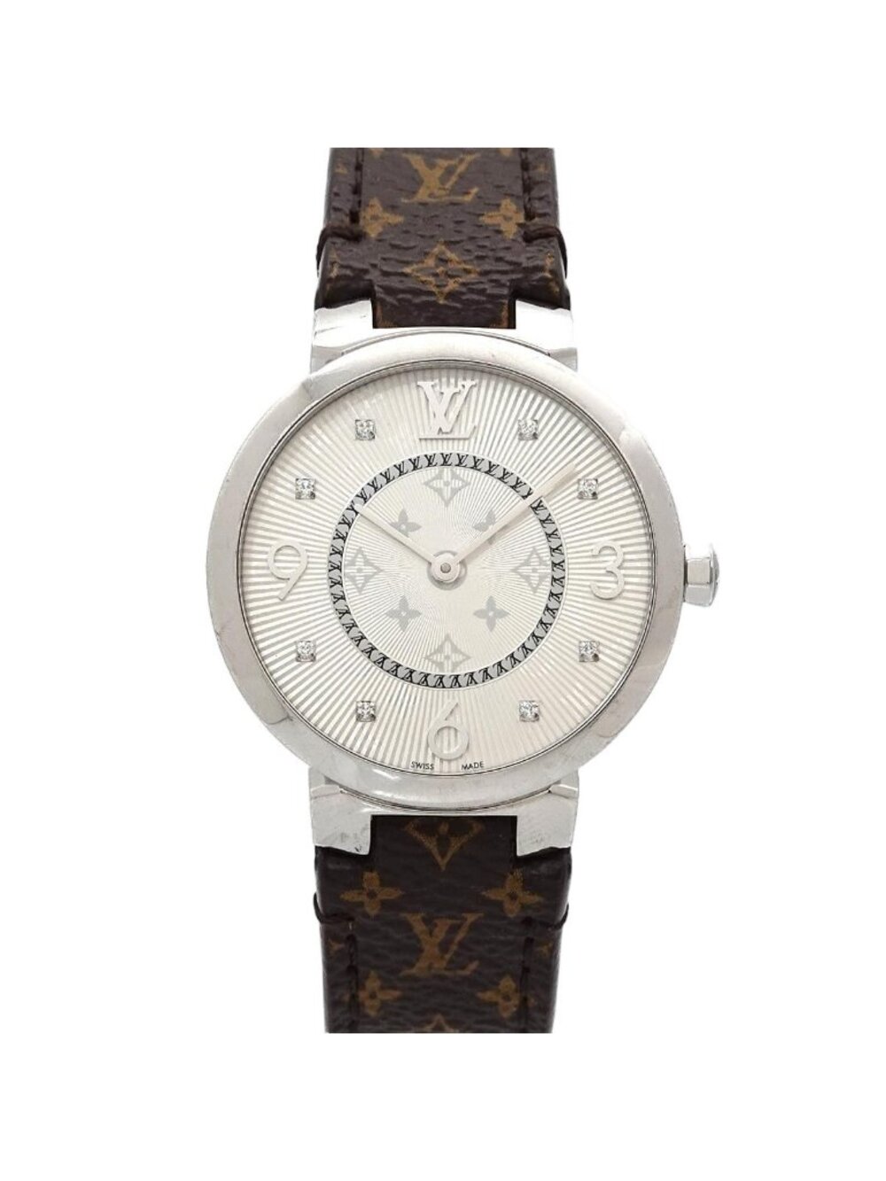 Louis Vuitton Tambour Monogram Watch Diamond Silver Quartz